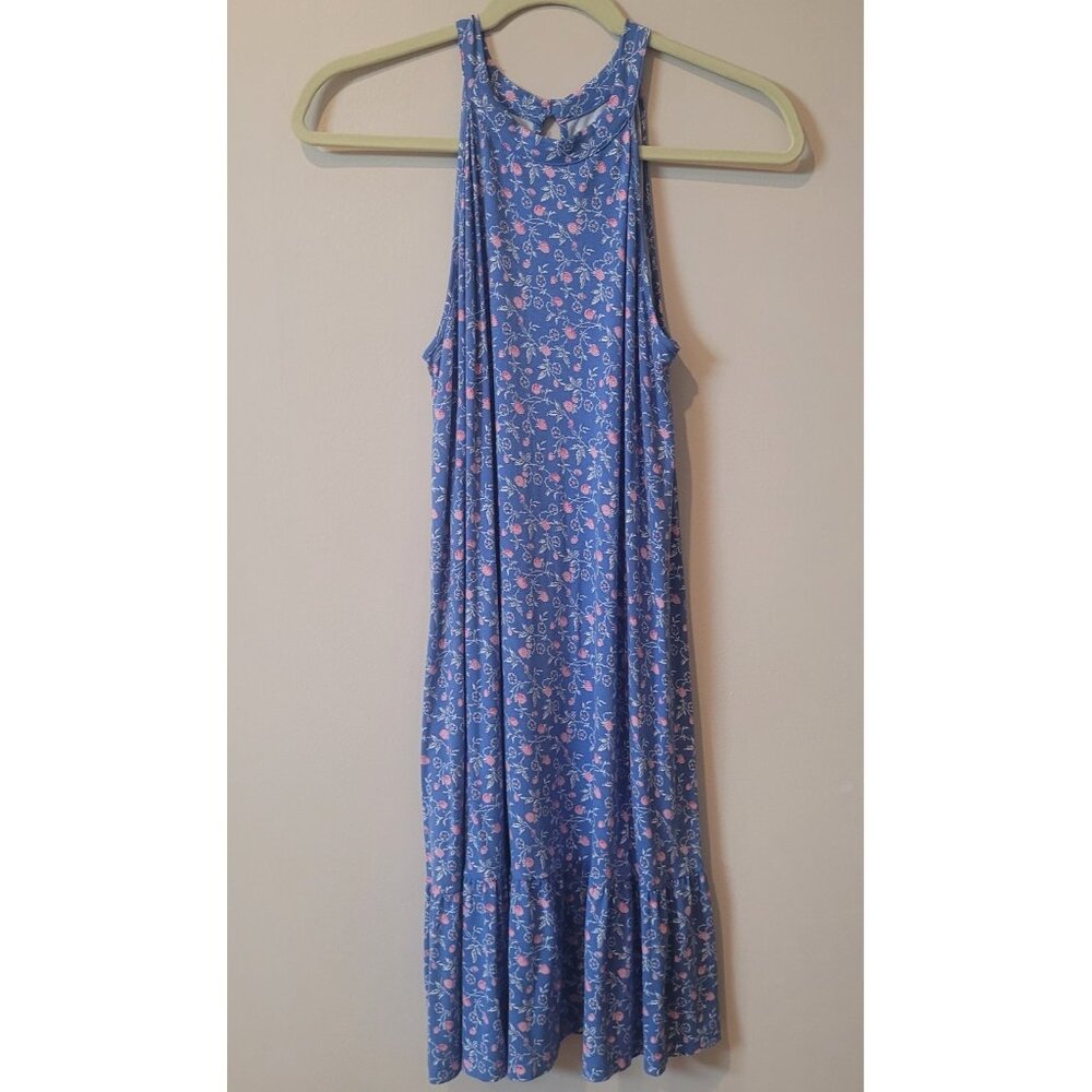LOFT Strawberry Midi Dress M Blue Floral Ruffle Hem